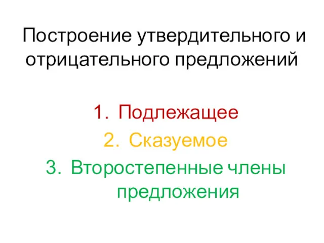 Построение утвердительного и отрицательного предложений Подлежащее Сказуемое Второстепенные члены предложения