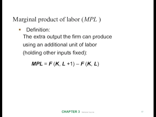 Marginal product of labor (MPL ) CHAPTER 3 National Income