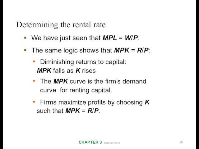 Determining the rental rate CHAPTER 3 National Income 28 We
