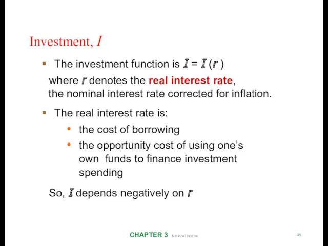 Investment, I CHAPTER 3 National Income 45 The investment function