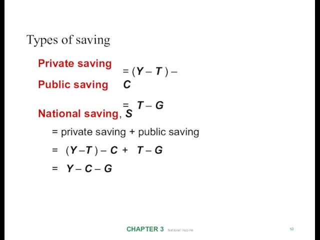 Types of saving CHAPTER 3 National Income 53 Private saving