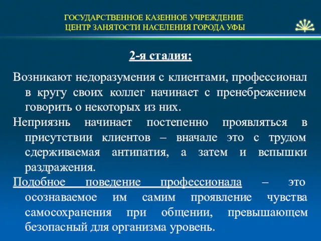 ГОСУДАРСТВЕННОЕ КАЗЕННОЕ УЧРЕЖДЕНИЕ ЦЕНТР ЗАНЯТОСТИ НАСЕЛЕНИЯ ГОРОДА УФЫ 2-я стадия: