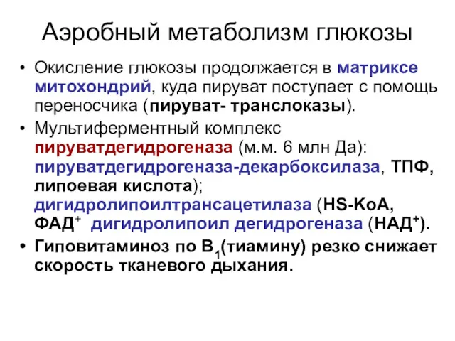 Аэробный метаболизм глюкозы Окисление глюкозы продолжается в матриксе митохондрий, куда