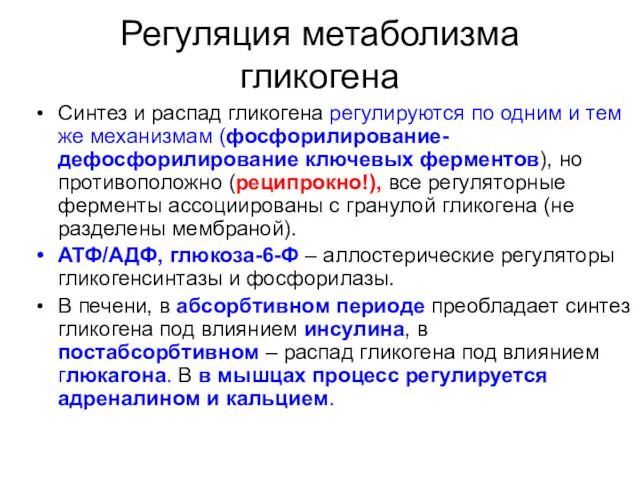 Регуляция метаболизма гликогена Синтез и распад гликогена регулируются по одним