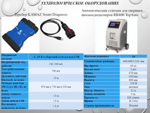 ТЕХНОЛОГИЧЕСКОЕ ОБОРУДОВАНИЕ Автоматическая станция для заправки автокондиционеров RR400 TopAuto Прибор KAMAZ Smart Diagnosis