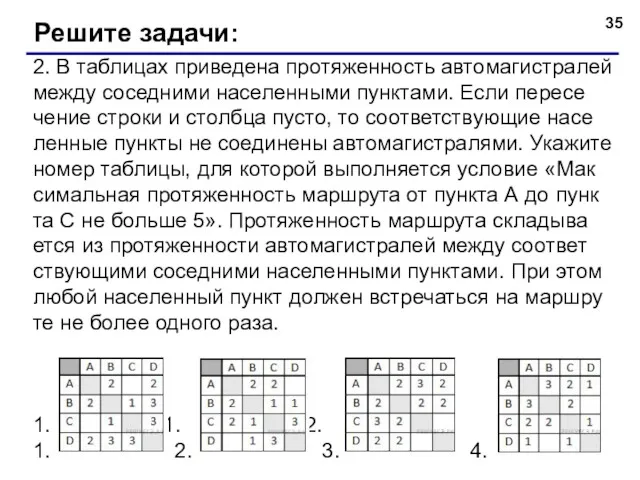 2. В таб­ли­цах при­ве­де­на про­тя­жен­ность ав­то­ма­ги­стра­лей между со­сед­ни­ми на­се­лен­ны­ми пунк­та­ми. Если пе­ре­се­че­ние стро­ки