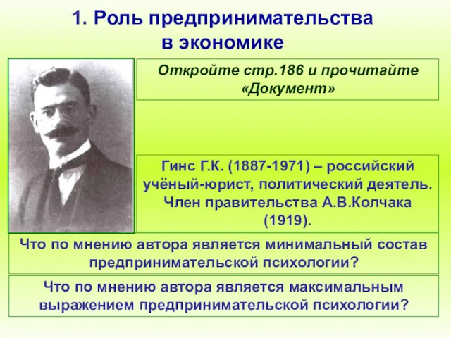 1. Роль предпринимательства в экономике Гинс Г.К. (1887-1971) – российский