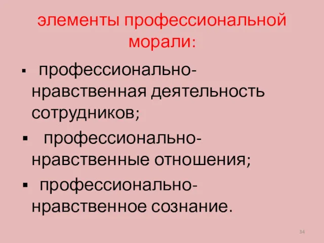 элементы профессиональной морали: профессионально-нравственная деятельность сотрудников; профессионально-нравственные отношения; профессионально-нравственное сознание.