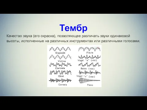 Тембр Качество звука (его окраска), позволяющее различать звуки одинаковой высоты,