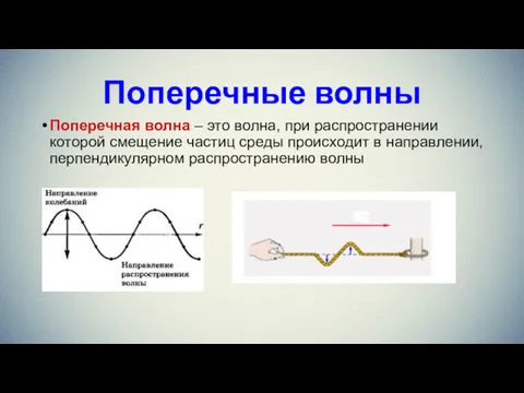 Поперечные волны Поперечная волна – это волна, при распространении которой