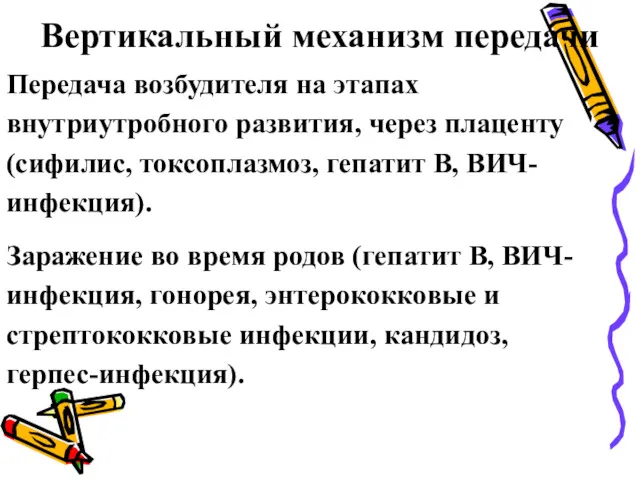 Вертикальный механизм передачи Передача возбудителя на этапах внутриутробного развития, через