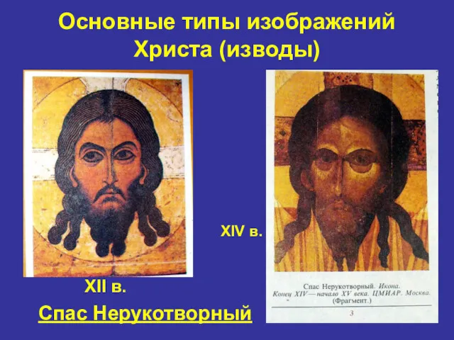 Основные типы изображений Христа (изводы) Спас Нерукотворный XII в. XIV в.