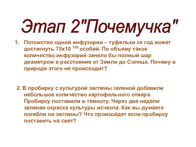 Этап 2"Почемучка" Потомство одной инфузории – туфельки за год может