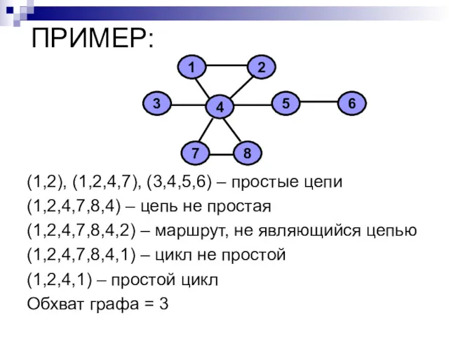 ПРИМЕР: (1,2), (1,2,4,7), (3,4,5,6) – простые цепи (1,2,4,7,8,4) – цепь