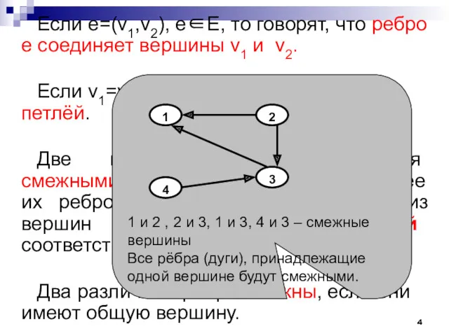 Если e=(v1,v2), е∈Е, то говорят, что ребро е соединяет вершины