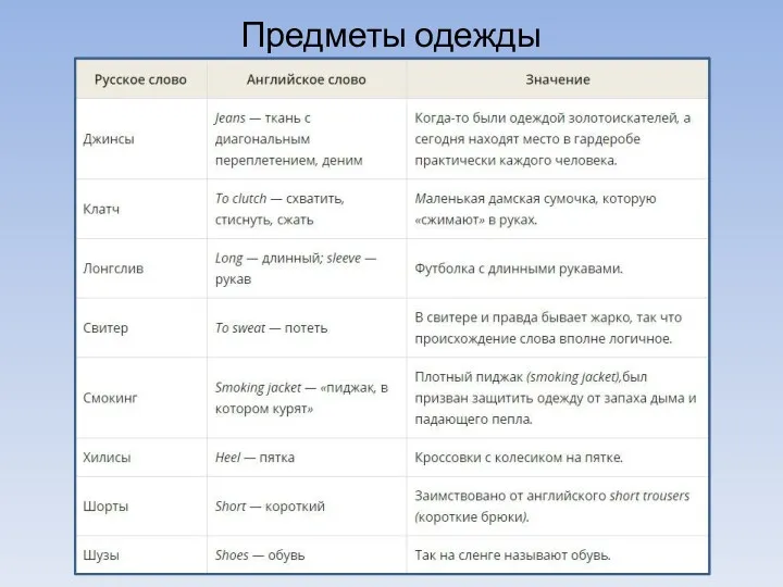 Предметы одежды