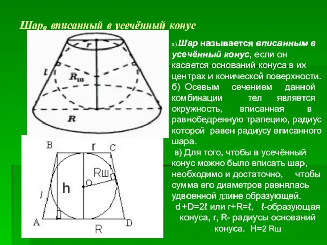 Шар, вписанный в усечённый конус а) Шар называется вписанным в