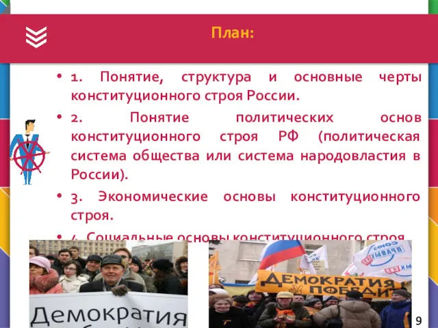 1. Понятие, структура и основные черты конституционного строя России. 2.