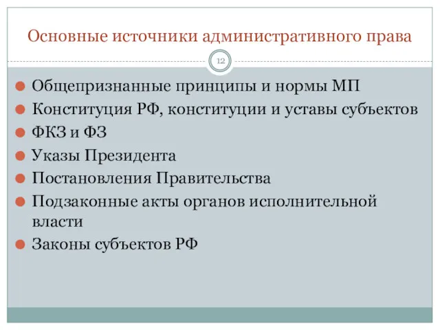 Основные источники административного права Общепризнанные принципы и нормы МП Конституция