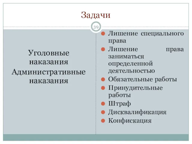 Задачи Уголовные наказания Административные наказания Лишение специального права Лишение права