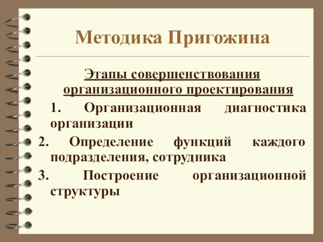 Методика Пригожина Этапы совершенствования организационного проектирования 1. Организационная диагностика организации