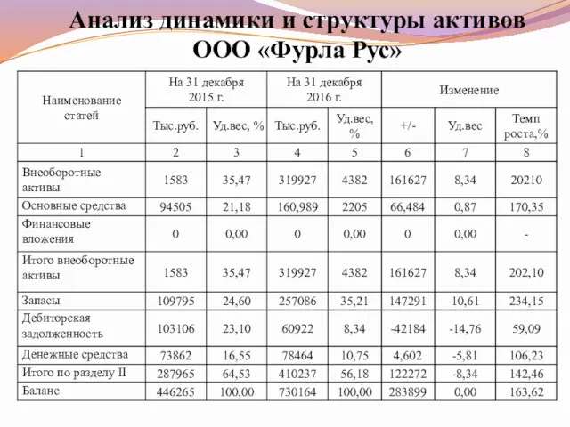 Анализ динамики и структуры активов ООО «Фурла Рус»