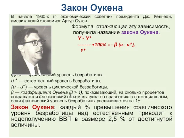 Закон Оукена В начале 1960-х гг. экономический советник президента Дж.