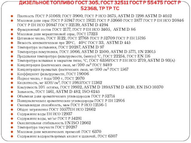 ДИЗЕЛЬНОЕ ТОПЛИВО ГОСТ 305, ГОСТ 32511 ГОСТ Р 55475 ГОСТ