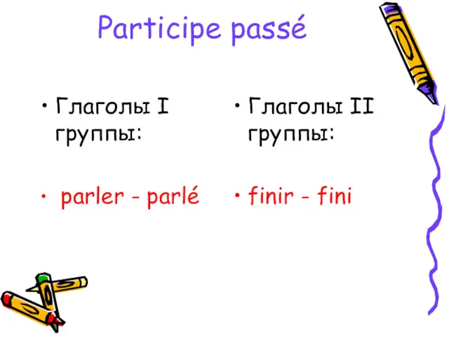 Participe passé Глаголы I группы: parler - parlé Глаголы II группы: finir - fini