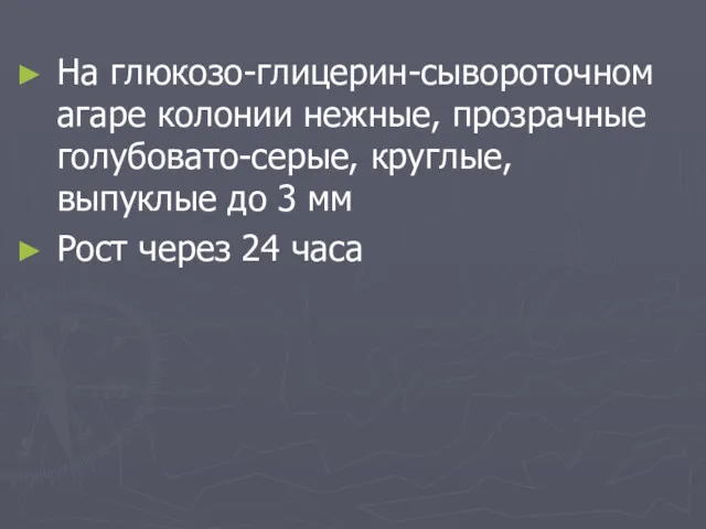 На глюкозо-глицерин-сывороточном агаре колонии нежные, прозрачные голубовато-серые, круглые, выпуклые до 3 мм Рост через 24 часа