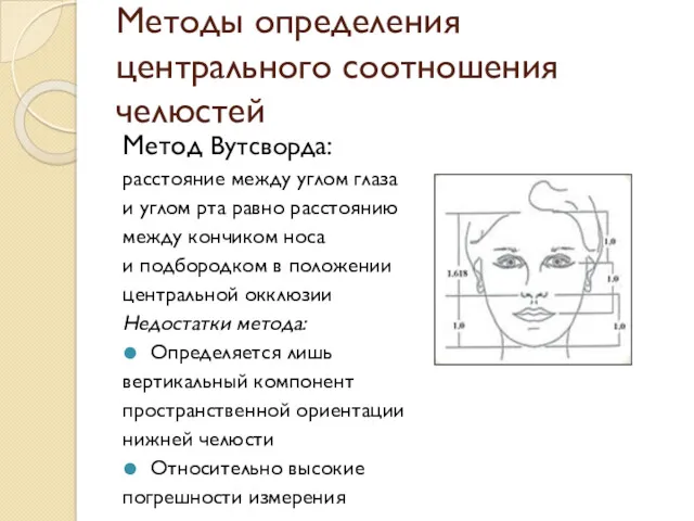 Методы определения центрального соотношения челюстей Метод Вутсворда: расстояние между углом