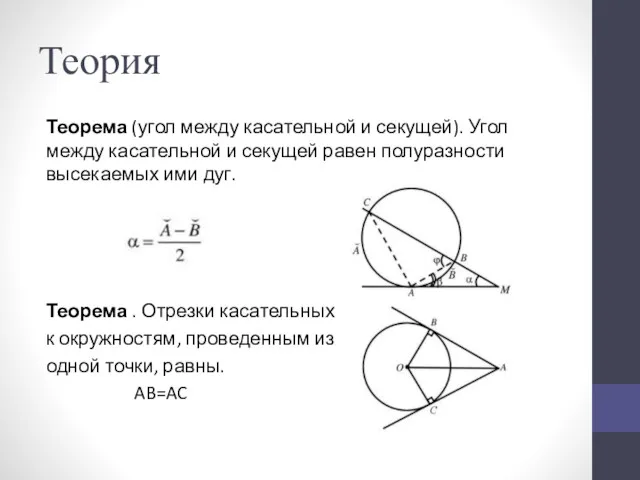 Теория Теорема (угол между касательной и секущей). Угол между касательной