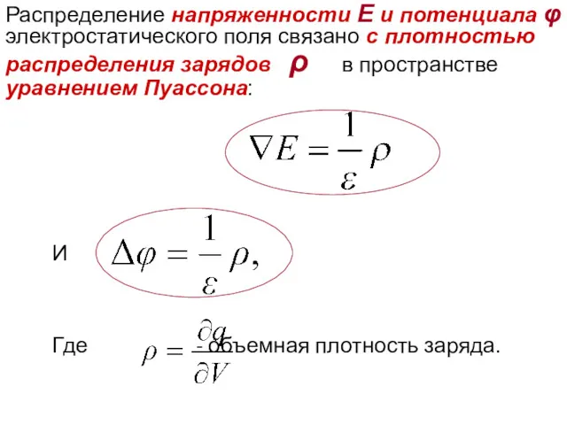 И Где - объемная плотность заряда. Распределение напряженности Е и