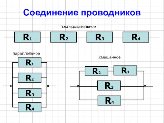 Соединение проводников R2 R1 R3 R4 последовательное смешанное параллельное