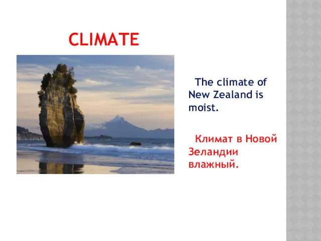 CLIMATE The climate of New Zealand is moist. Климат в Новой Зеландии влажный.