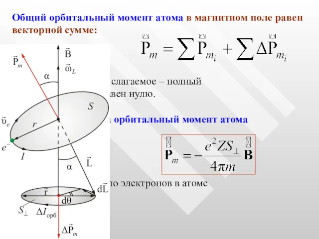 Общий орбитальный момент атома в магнитном поле равен векторной сумме: Первое слагаемое –