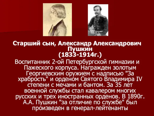 Старший сын, Александр Александрович Пушкин (1833-1914г.) Воспитанник 2-ой Петербургской гимназии