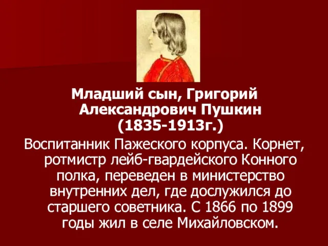 Младший сын, Григорий Александрович Пушкин (1835-1913г.) Воспитанник Пажеского корпуса. Корнет,