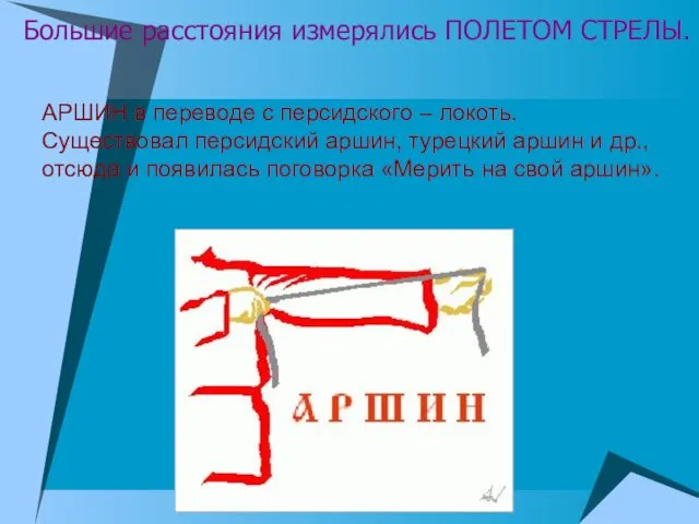 АРШИН в переводе с персидского – локоть. Существовал персидский аршин,