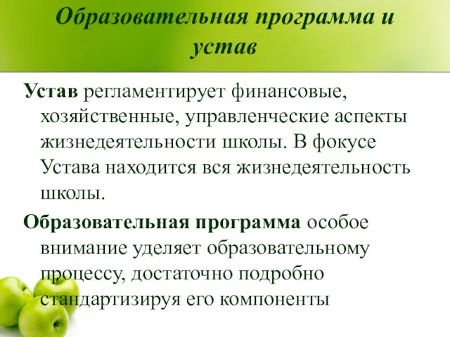 Образовательная программа и устав Устав регламентирует финансовые, хозяйственные, управленческие аспекты