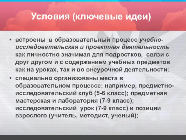 Условия (ключевые идеи) встроены в образовательный процесс учебно-исследовательская и проектная