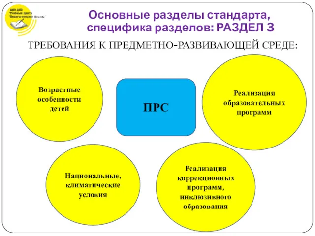 ТРЕБОВАНИЯ К ПРЕДМЕТНО-РАЗВИВАЮЩЕЙ СРЕДЕ: Основные разделы стандарта, специфика разделов: РАЗДЕЛ