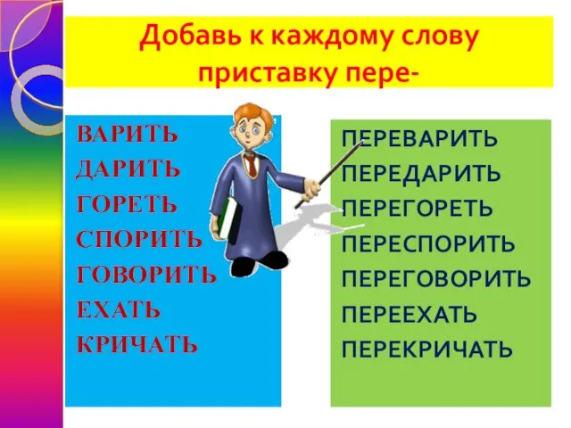 Добавь к каждому слову приставку пере- ВАРИТЬ ДАРИТЬ ГОРЕТЬ СПОРИТЬ