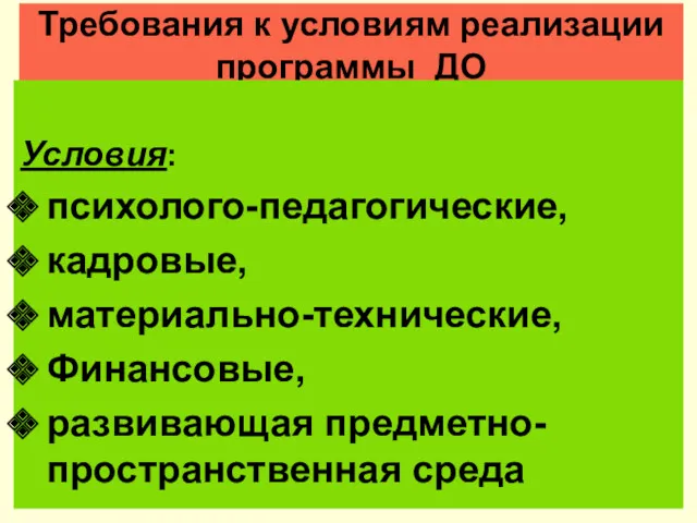 Требования к условиям реализации программы ДО Условия: психолого-педагогические, кадровые, материально-технические, Финансовые, развивающая предметно-пространственная среда