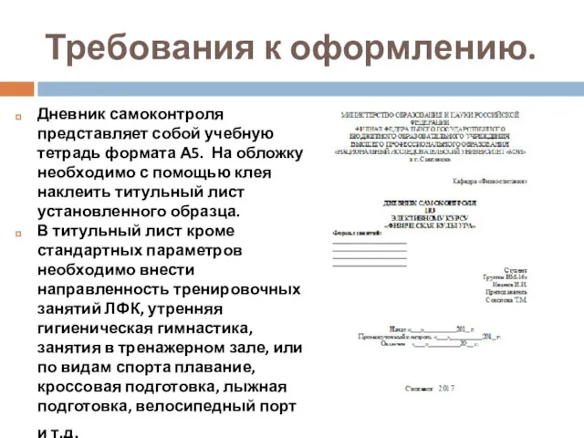 Требования к оформлению. Дневник самоконтроля представляет собой учебную тетрадь формата