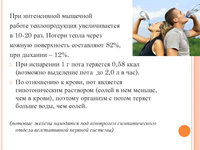 При интенсивной мышечной работе теплопродукция увеличивается в 10-20 раз. Потери