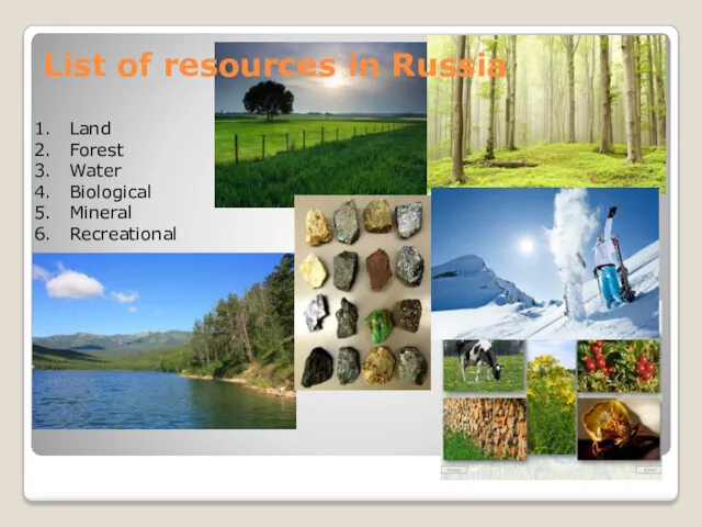 List of resources in Russia Land Forest Water Biological Mineral Recreational