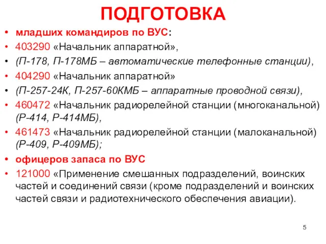 ПОДГОТОВКА младших командиров по ВУС: 403290 «Начальник аппаратной», (П-178, П-178МБ