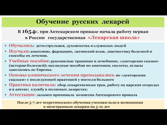 Обучение русских лекарей В 1654г. при Аптекарском приказе начала работу первая в России