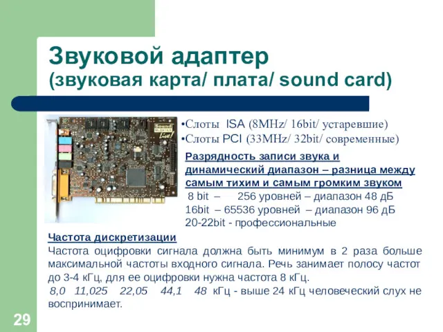 Звуковой адаптер (звуковая карта/ плата/ sound card) Слоты ISA (8MHz/
